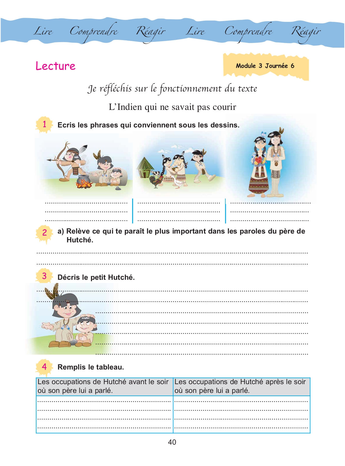 Cahier d'activités, page 40 : « Je réfléchis sur le fonctionnement du texte » — L'Indien qui ne savait pas courir